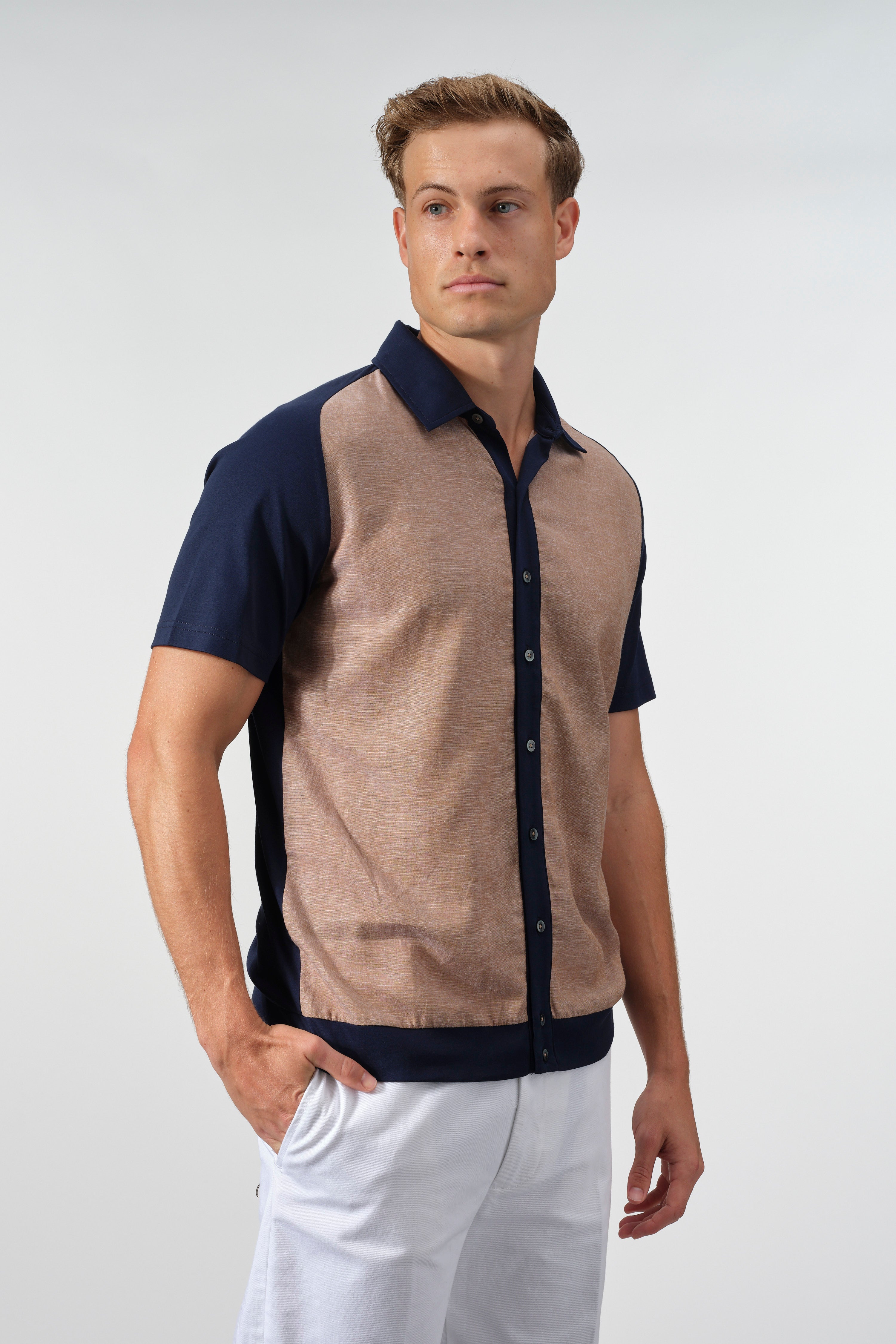 SetaTouch Linen-Tencel Colorblock Polo Shirt - Image 9